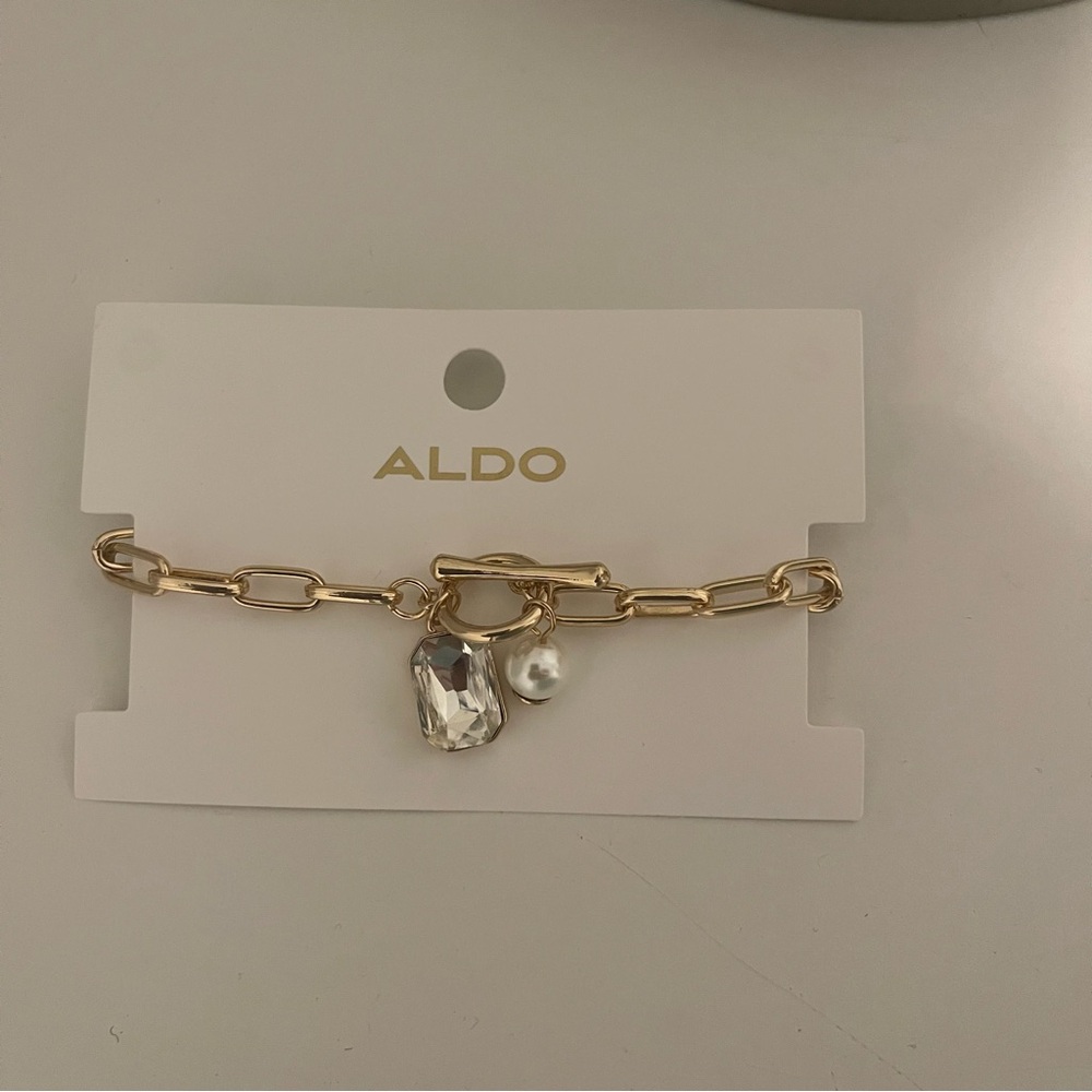 Aldo Chain Bracelet Gold Toned Chain With Rhinestone And Pearly Charms